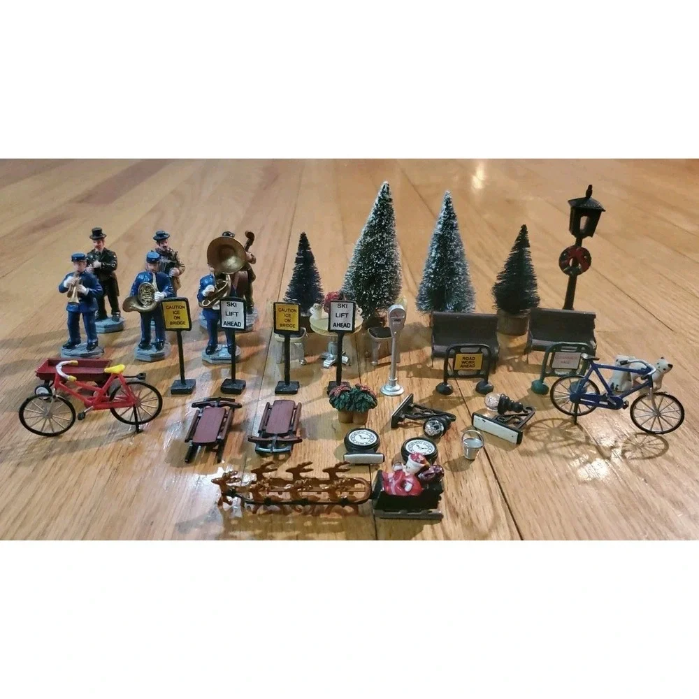 Lot of Vintage Miniature Christmas Figures Accessories Bottle Brush Trees 37 Pcs